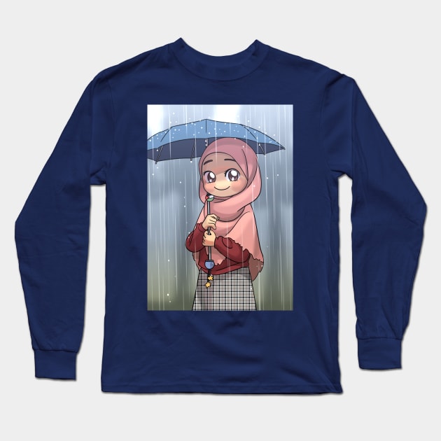 Hijab Girl under the rain Long Sleeve T-Shirt by 	 FatharaniYasmin